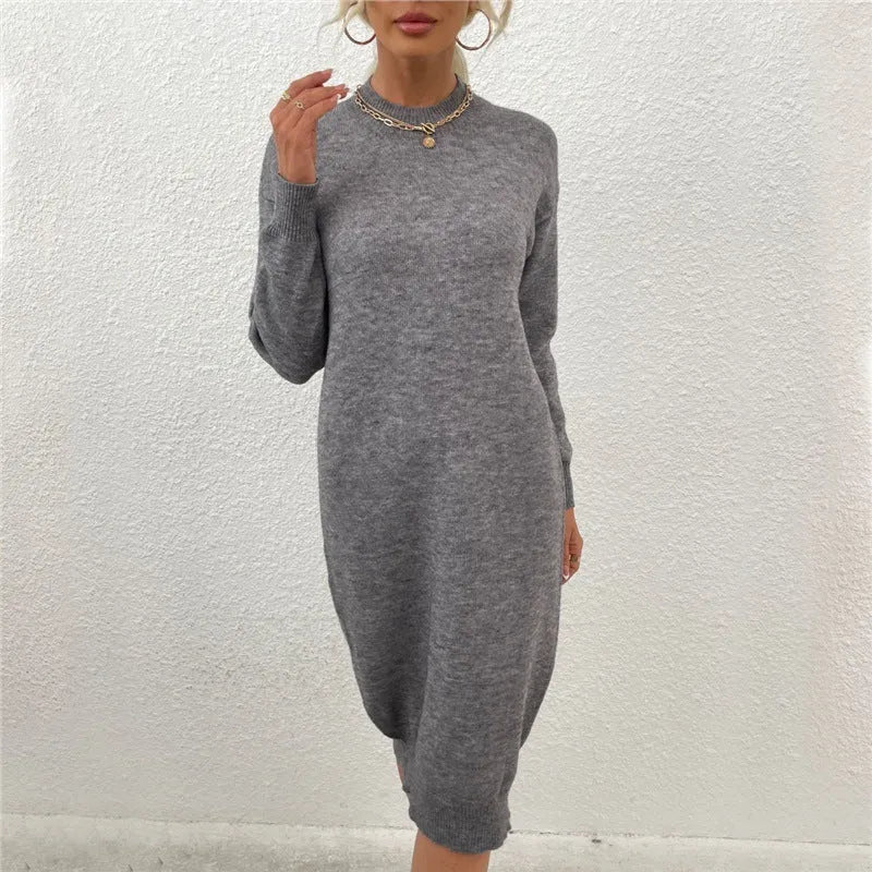 Gray women's acrylic pullover sweater dress with crew neck and long sleeves