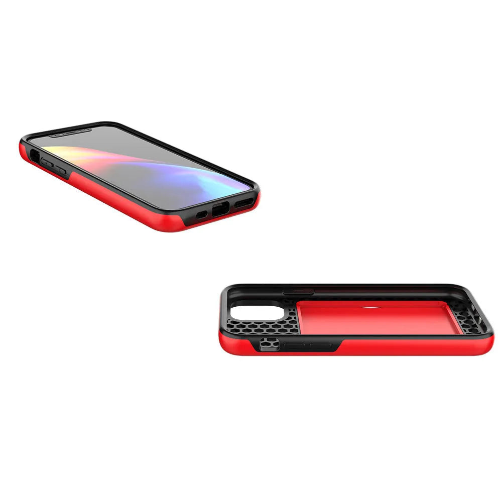 A solid-colour hard back cover case for the iPhone 11, shown in a choice of black, red, pink, blue, dark blue, and purple.