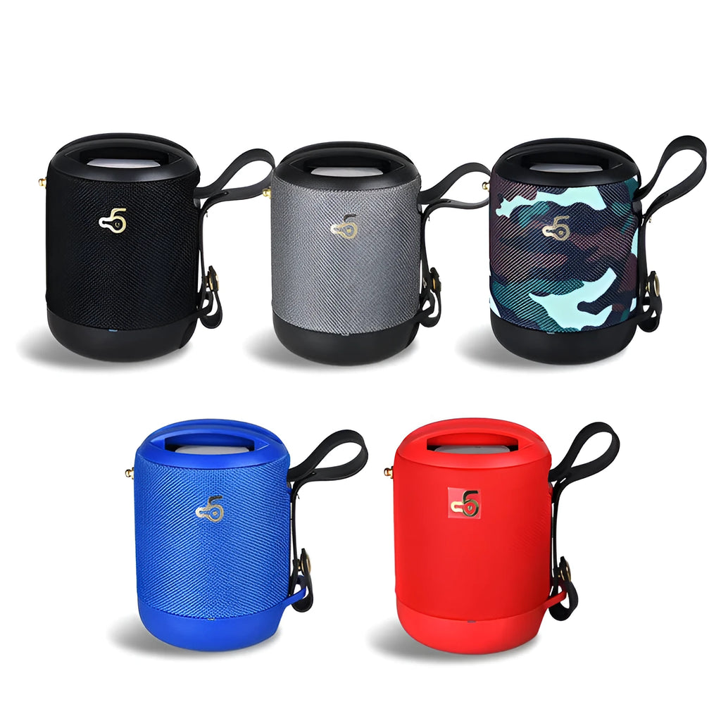 Mini portable Bluetooth speaker with subwoofer in multiple colours showing carrying belt