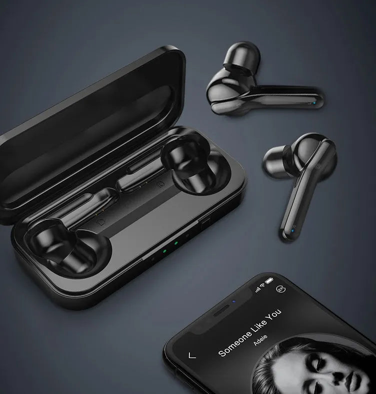 Black and white Bluetooth 5.0 TWS wireless earbuds with IPX5 waterproof rating