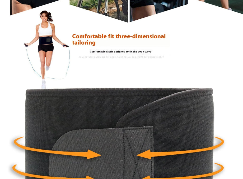 Neoprene lumbar support belt in black colour with adjustable closure for fitness and sport activities