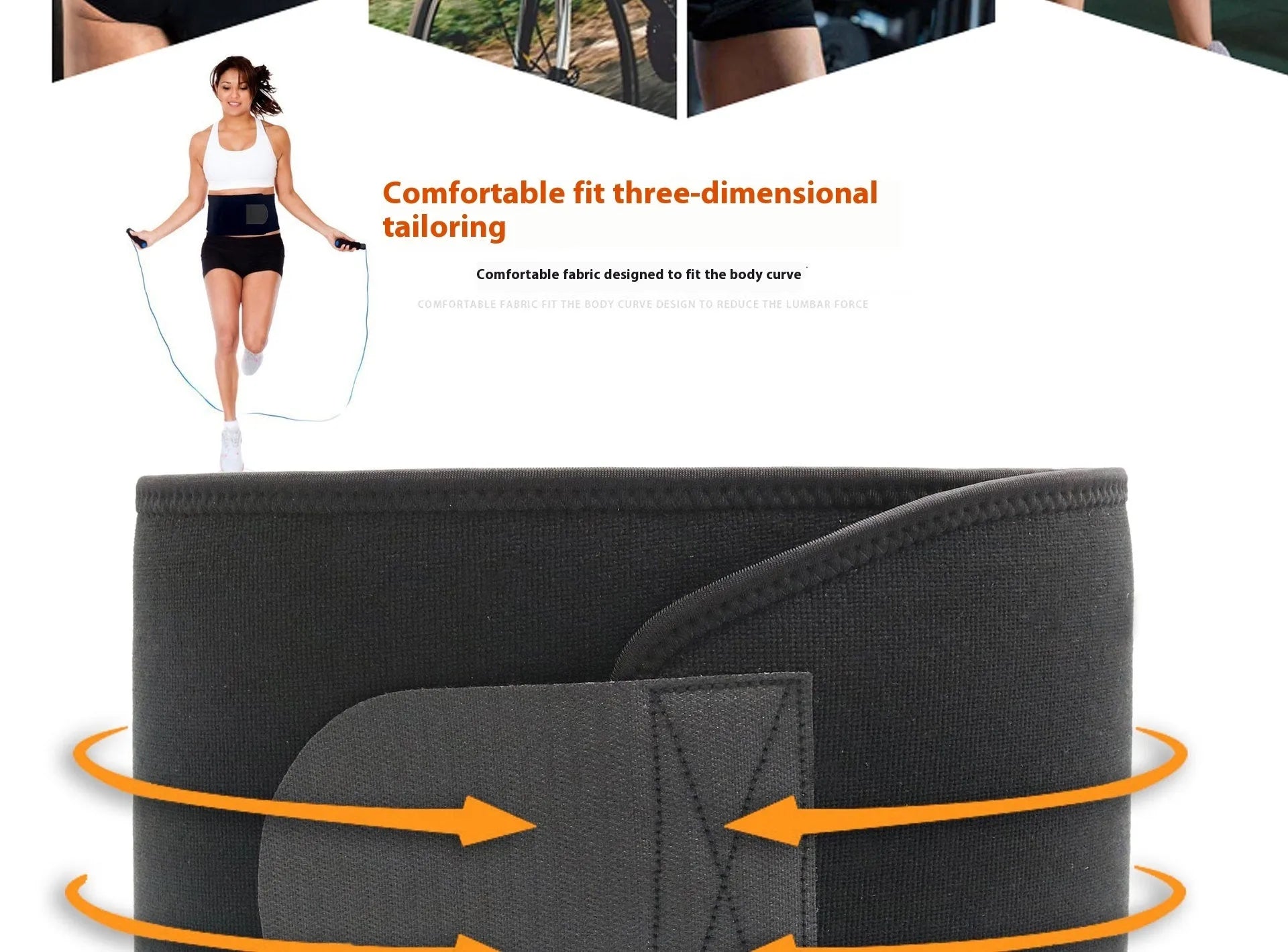 Neoprene lumbar support belt in black colour with adjustable closure for fitness and sport activities