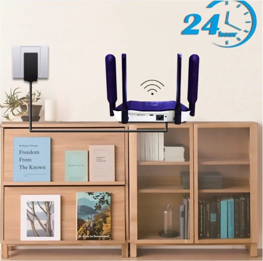 Blue 4G dual mode router with four extended antennas showing compact portable design