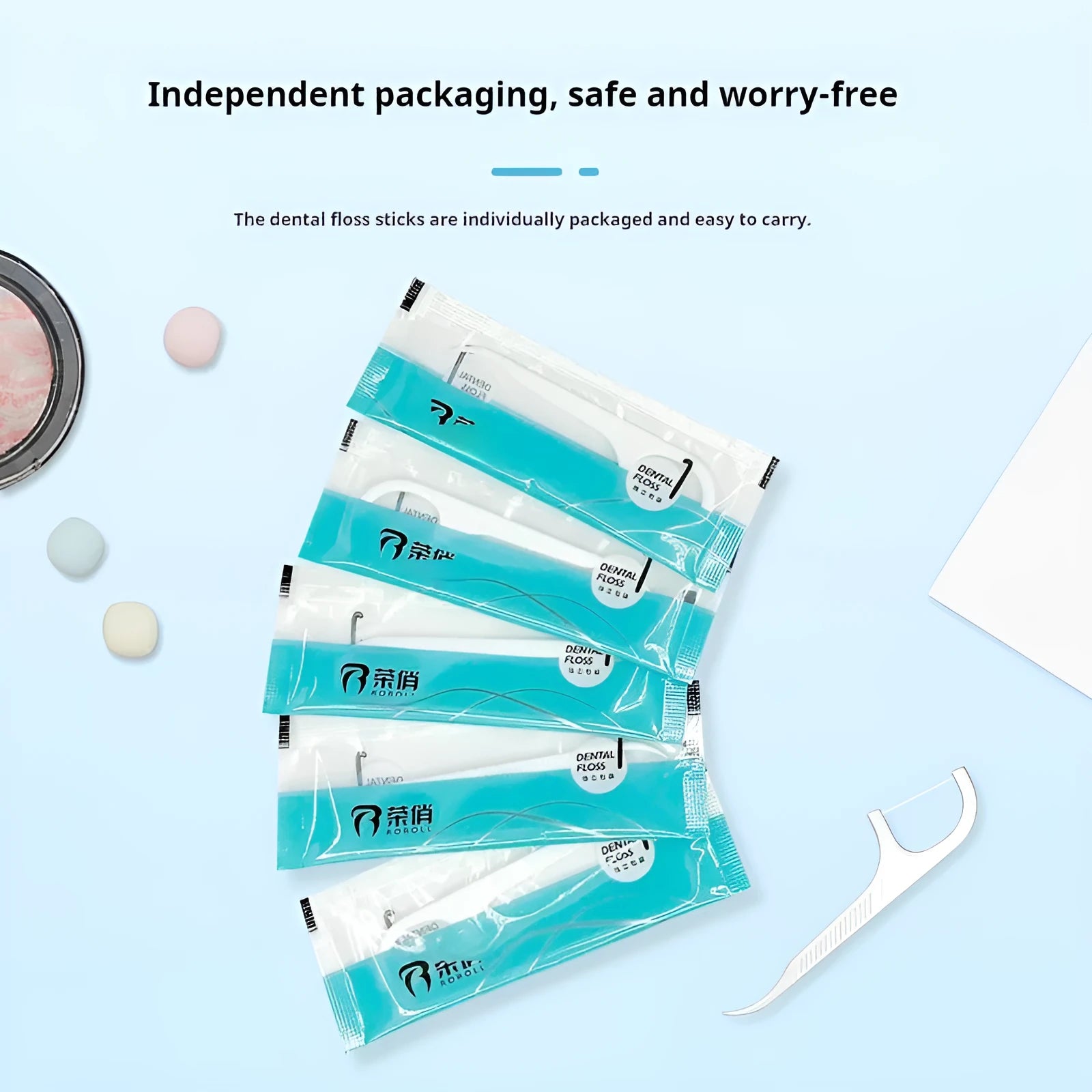 Disposable dental floss with independent packaging in 180x238mm plastic bag showing 100 or 108 pack options
