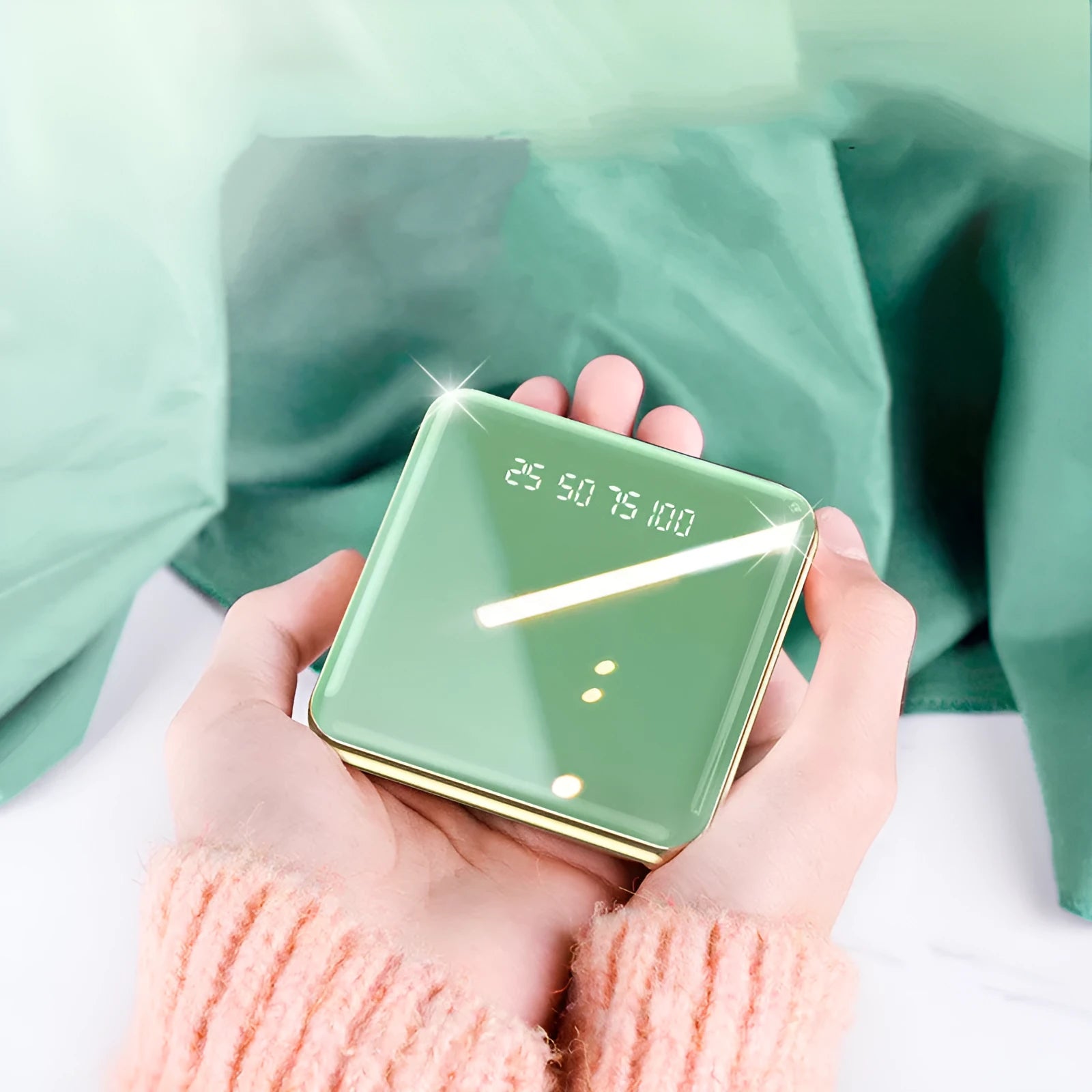 Mini 20000mAh power bank in blue, green, grey, and red colour options showing compact 83mm square design