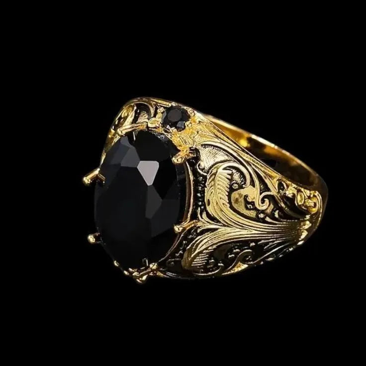 Men's silver geometric ring with imitation ink colour gem and irregular moonstone pattern on a wide alloy band.