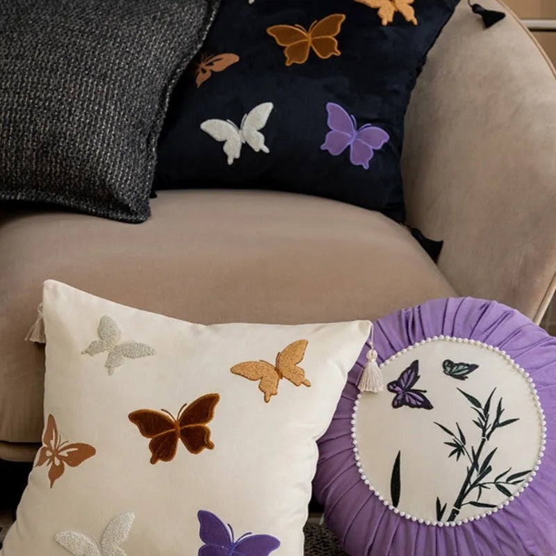 Chinese style couch pillow with butterfly embroidery in beige, black or purple colour, 45x45cm size