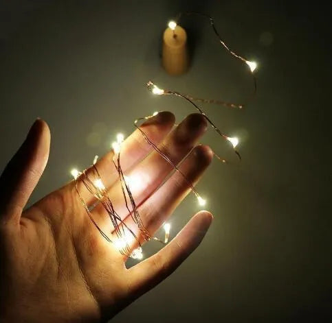 2 metre long copper wire LED light string wrapped around a glass wine bottle with 20 small white LEDs.