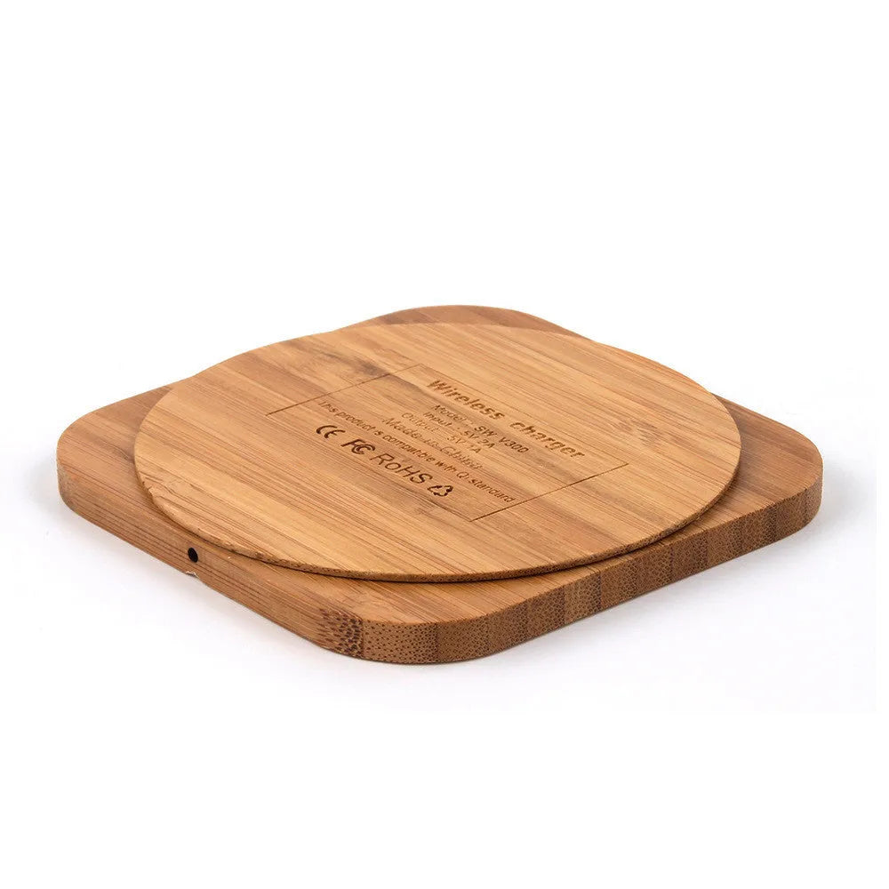 Square brown wooden bamboo 5W Qi wireless charging pad showing dimensions.