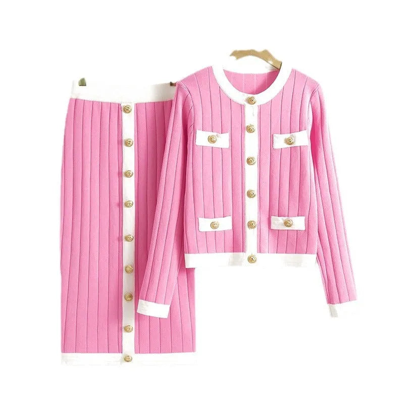 Women's contrast colour knitted cardigan and mid-length skirt two-piece set in viscose fibre with black colour option
