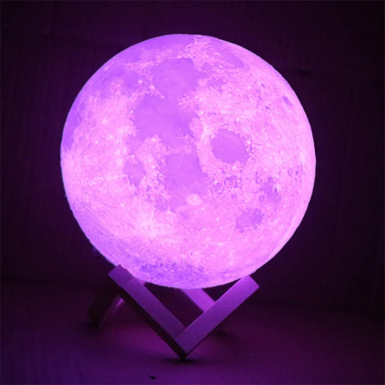 3D-printed white moon lamp on wooden stand with touch-sensitive metal ring base