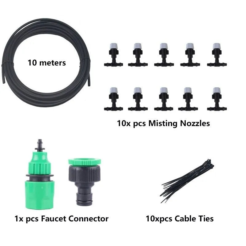 PE garden irrigation hose 10m with 10 micro spray units lying on green grass