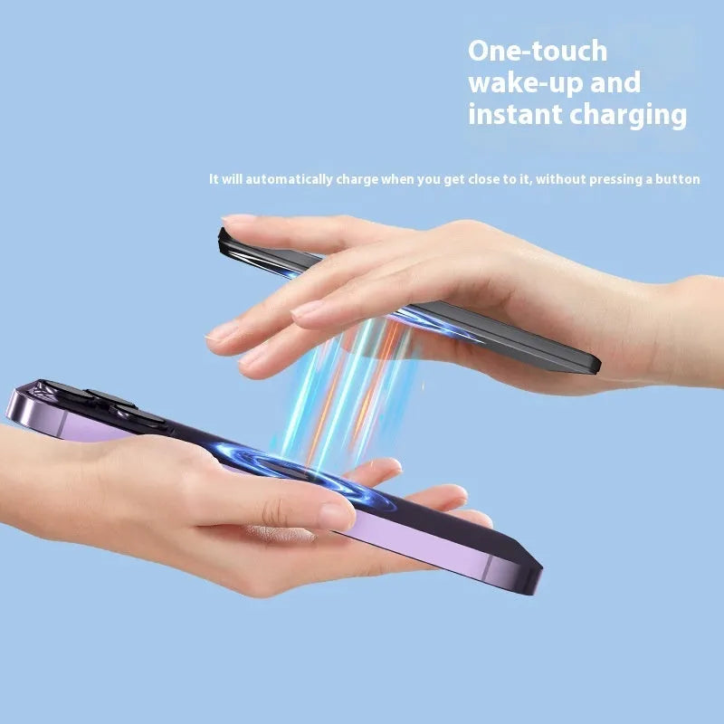 Ultra-thin dark gray magnetic power bank next to an iPhone, showing its slim 9mm profile and magnetic attachment.