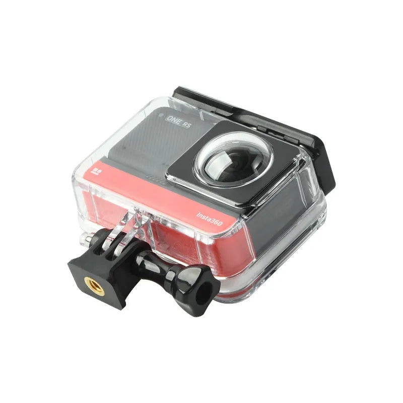 Transparent waterproof case for Insta360 One RS panoramic camera showing dimensions 9x8x4.5cm
