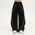 Black wide-leg pleated hip hop sports trousers with striped pattern