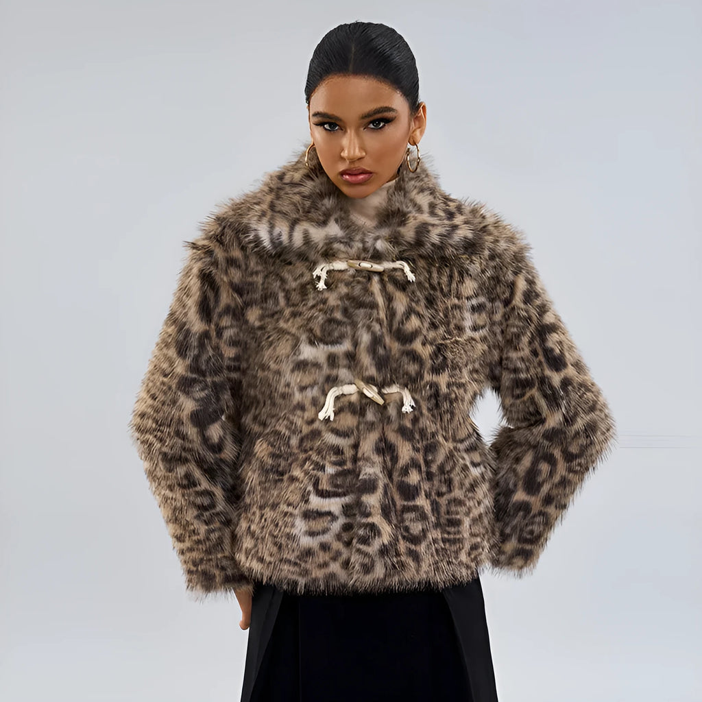 Women's leopard print polyester coat with a buckle detail on the lapel.
