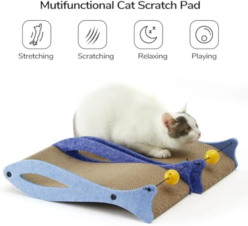 Blue fish shaped cat scratcher with cardboard surface and ball toy on elastic cord