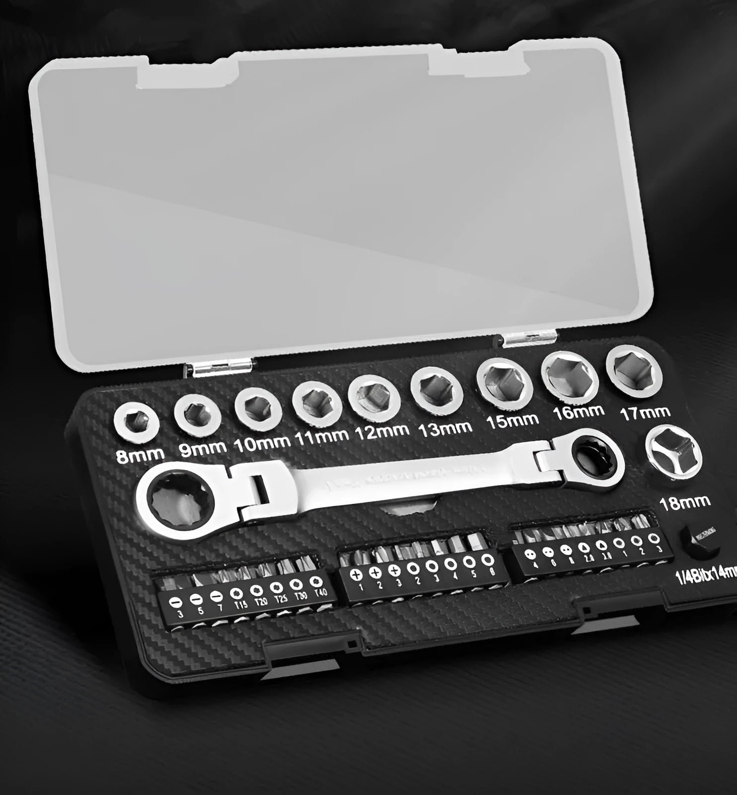 Ratchet wrench set with two-way mechanism, sockets, and batch heads on a work surface