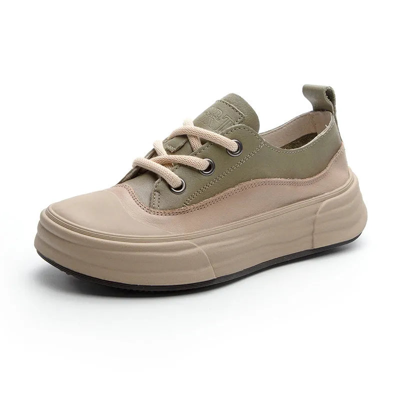 Women's leather platform sneakers in matcha green, orange, and purple colours showing round toe and lace-up design