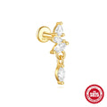 S925 sterling silver geometric earring with embedded moon, star, and diamond design on a gold-coloured background.