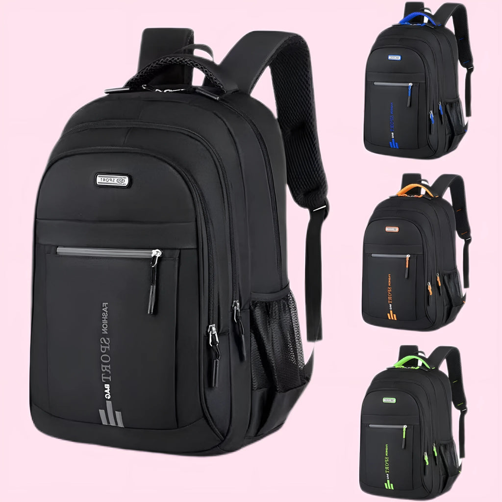 Oxford cloth business backpack with air cushion straps showing sewing line detail in blue colour.