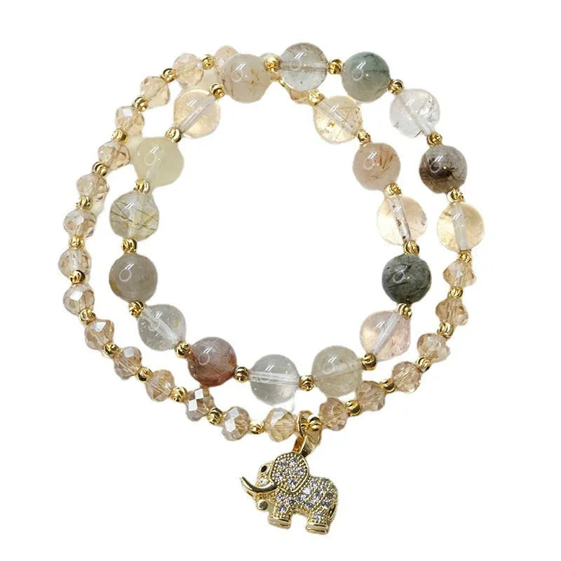 Retro women's bracelet with colour hair crystal and strawberry quartz beads in ethnic style