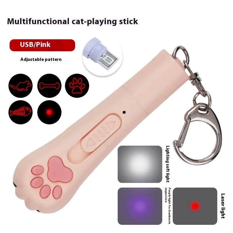 Infrared laser cat teasing wand toy showing multiple pattern projection including mini footprints