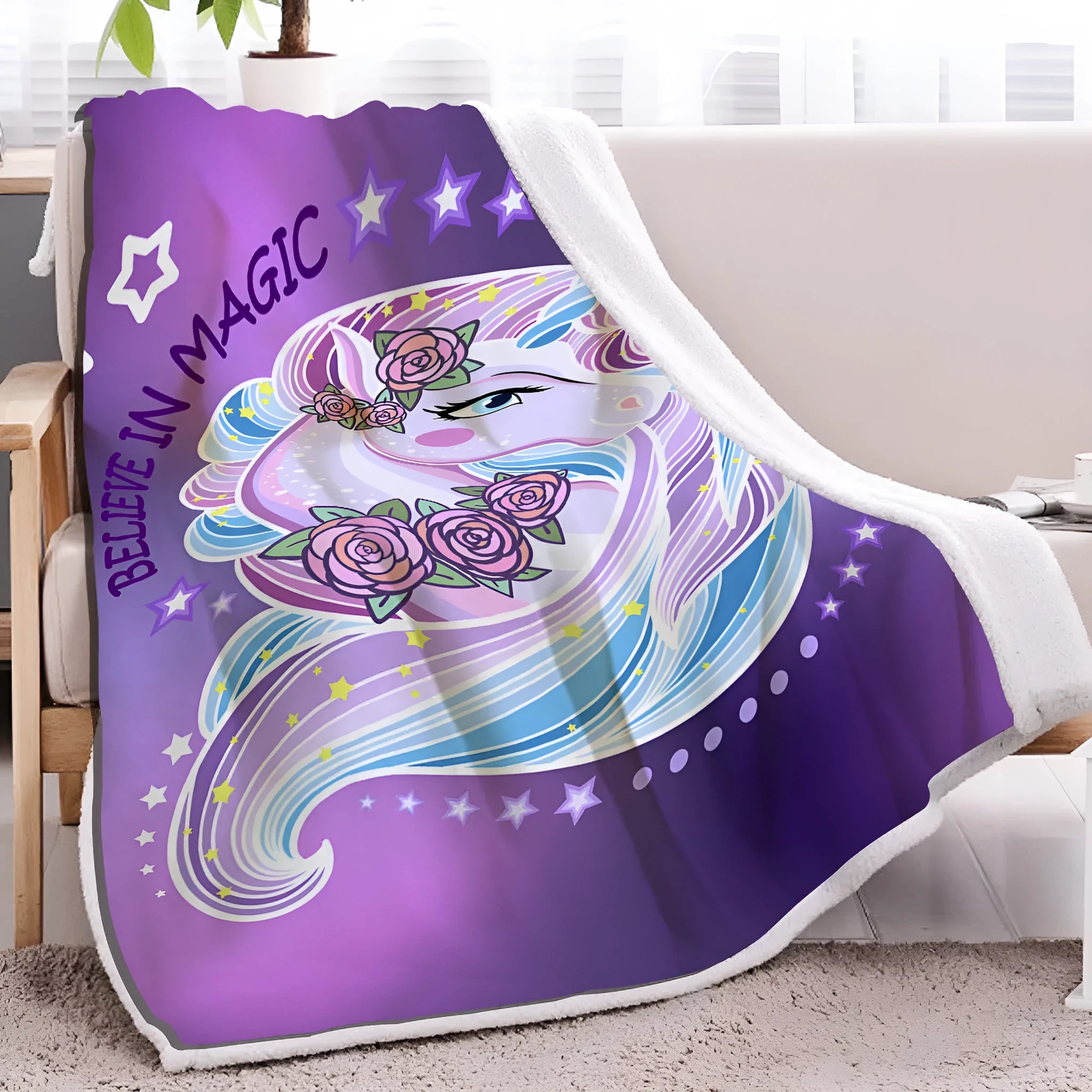 High weight soft warm unicorn themed purple lamb wool blanket on sofa
