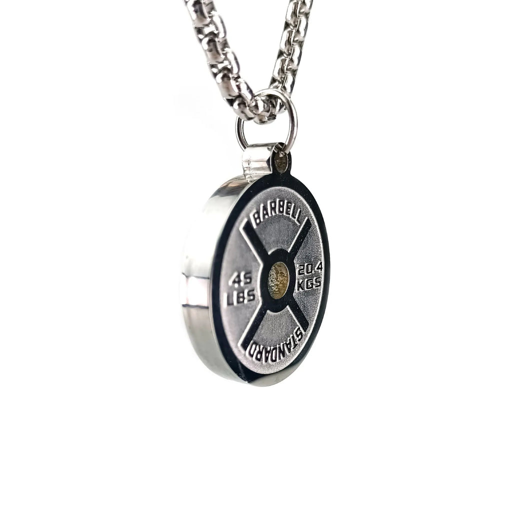 Stainless steel barbell disk necklace with geometric pendant on 60cm chain