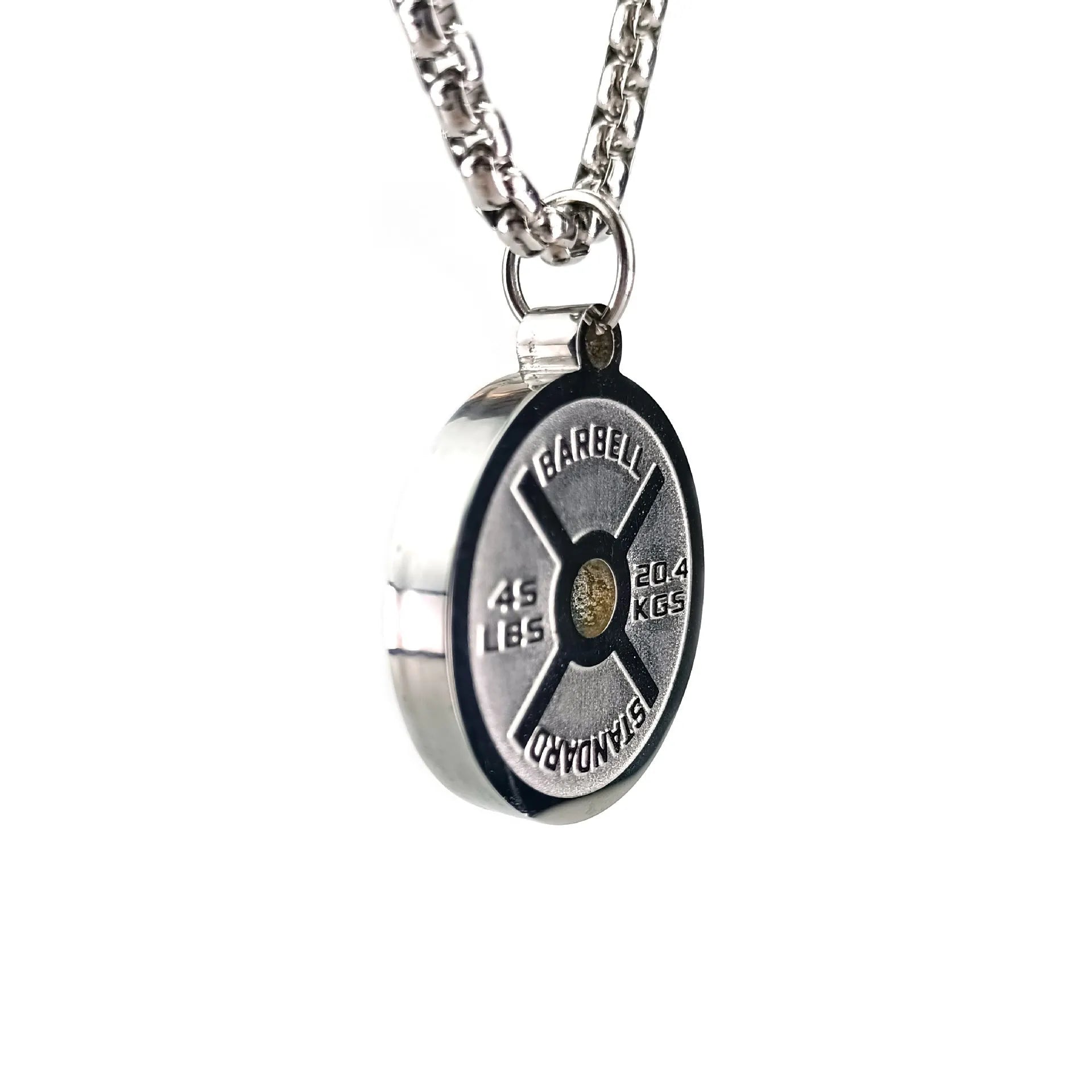 Stainless steel barbell disk necklace with geometric pendant on 60cm chain