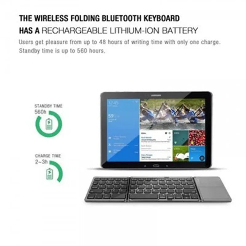 Folding Bluetooth keyboard with black keys and touch plate
