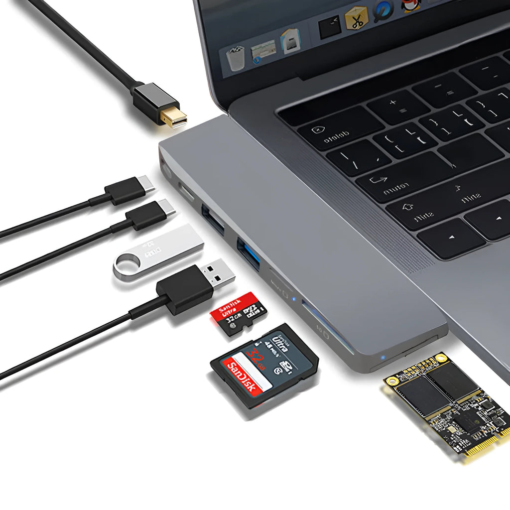 8-in-1 USB-C conversion hub with dual plugs for MacBook Pro laptops showing eight output ports