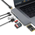 8-in-1 USB-C conversion hub with dual plugs for MacBook Pro laptops showing eight output ports