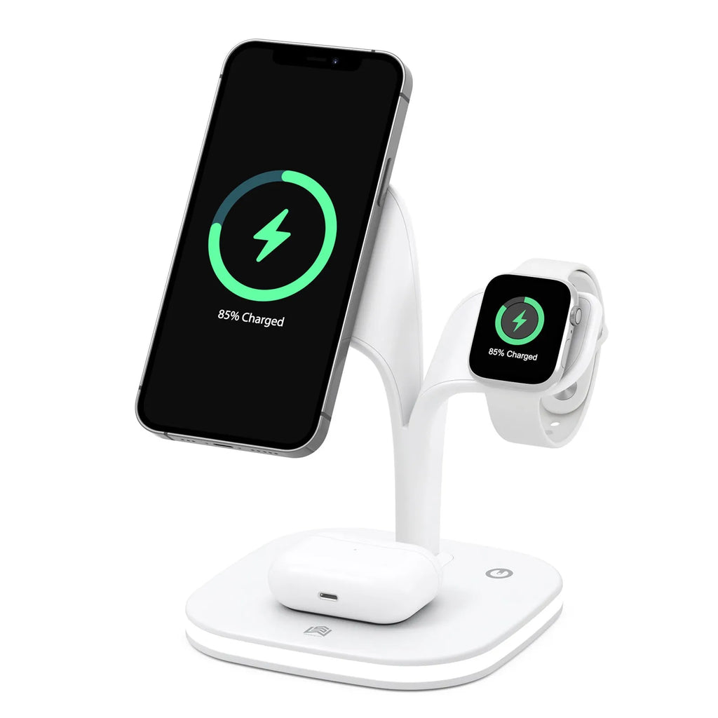 Black wireless charging stand for phone, watch, and headphones on desk with USB cable