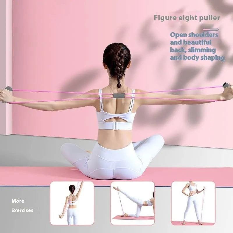 Yoga four-piece set with leg stretching device, ring, pedal tensioneer, and figure eight rope
