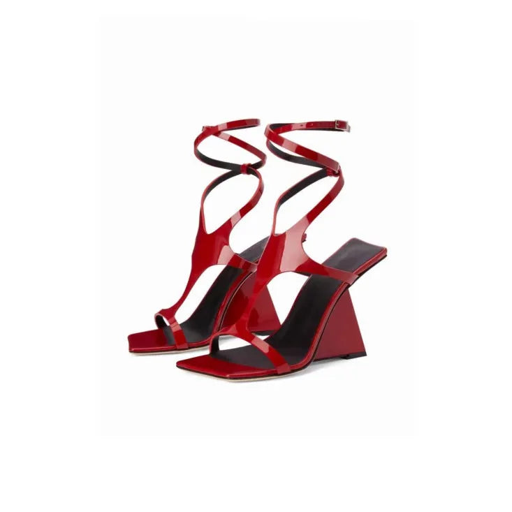 Women's black square toe high heel sandals with ankle strap and 9.5cm heel.
