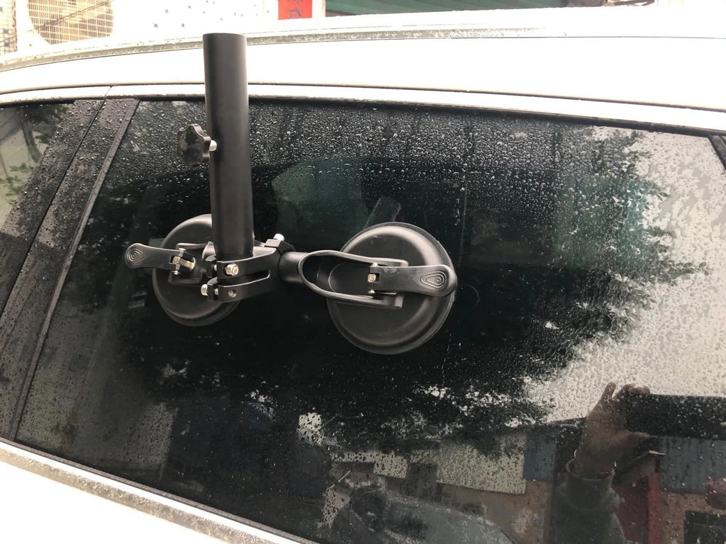 Black round car windscreen sucker base with ABS body and rubber suction cup for off-road flag mounting.
