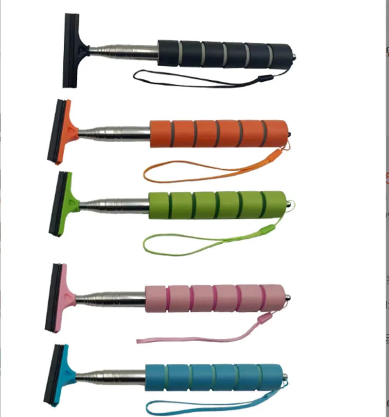 Retractable stainless steel car rearview mirror wiper extended, showing black rubber blade, next to a car side mirror.