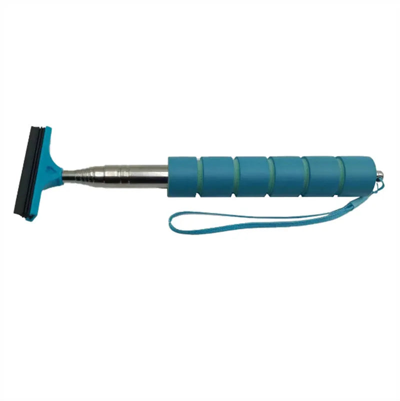 Retractable stainless steel car rearview mirror wiper extended, showing black rubber blade, next to a car side mirror.
