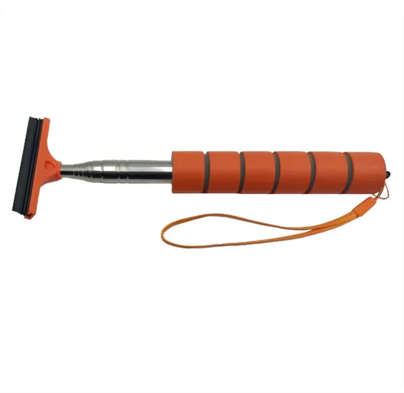 Retractable stainless steel car rearview mirror wiper extended, showing black rubber blade, next to a car side mirror.