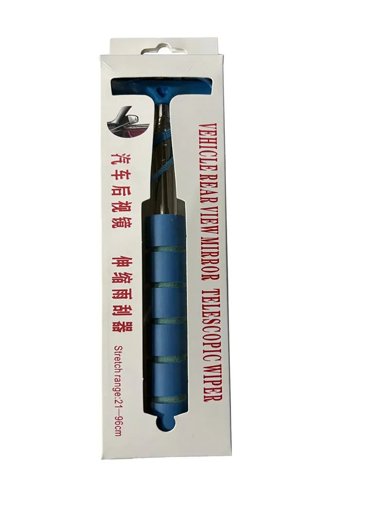 Retractable stainless steel car rearview mirror wiper extended, showing black rubber blade, next to a car side mirror.