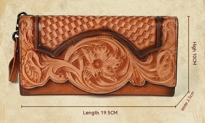Women's brown embossed floral pattern tri-fold leather wallet showing open compartments