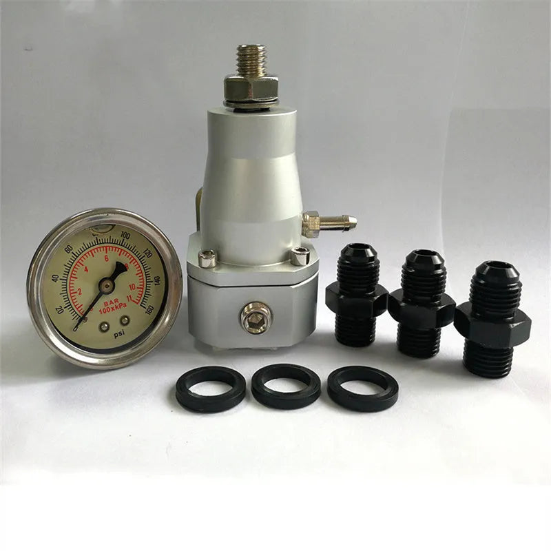 Black aluminium fuel pressure regulator with adjustable pressure gauge for performance engines