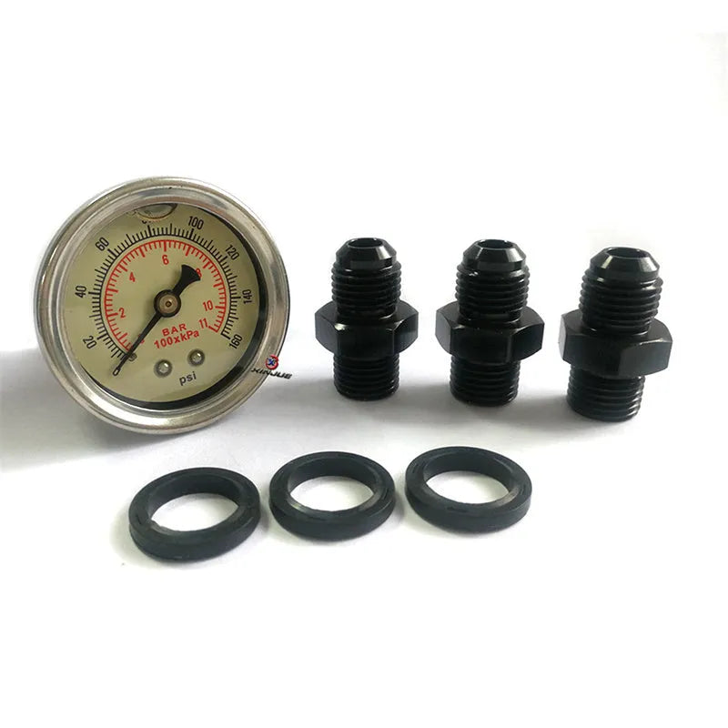 Black aluminium fuel pressure regulator with adjustable pressure gauge for performance engines