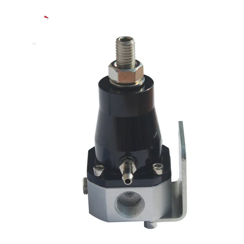 Black aluminium fuel pressure regulator with adjustable pressure gauge for performance engines
