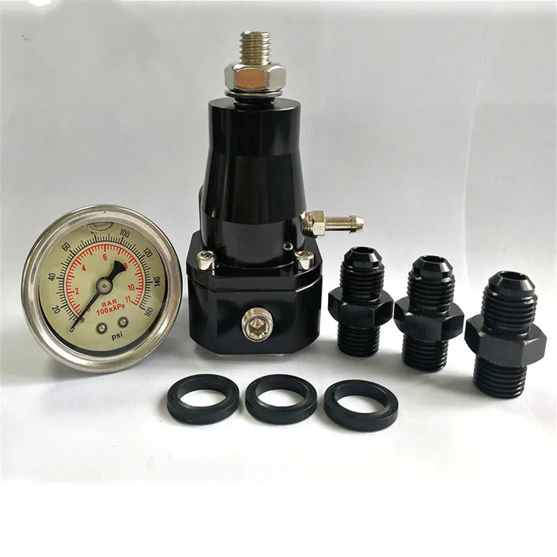 Black aluminium fuel pressure regulator with adjustable pressure gauge for performance engines