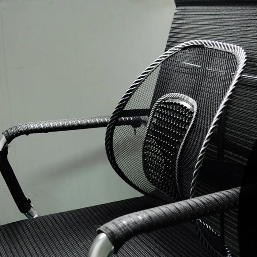 Black car lumbar support pillow showing polypropylene fibre mesh construction and 41x39cm dimensions