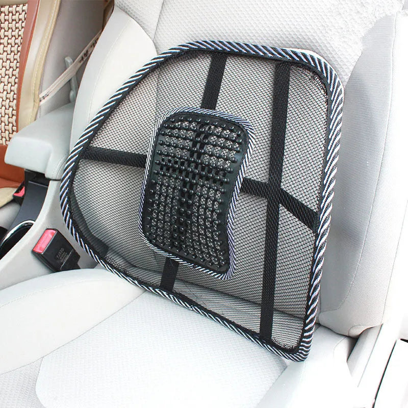 Black car lumbar support pillow showing polypropylene fibre mesh construction and 41x39cm dimensions