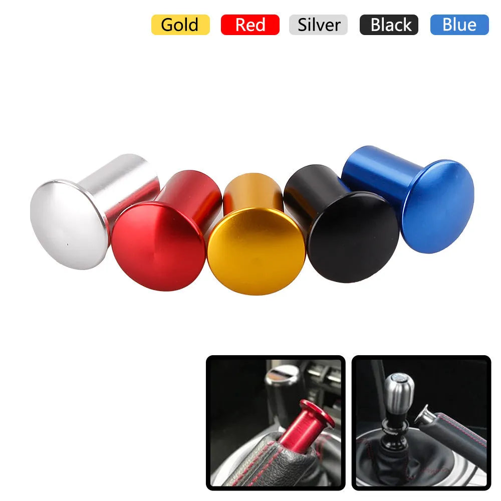 Aluminium alloy car handbrake button cap in red, blue, gold, silver, and black colour options.