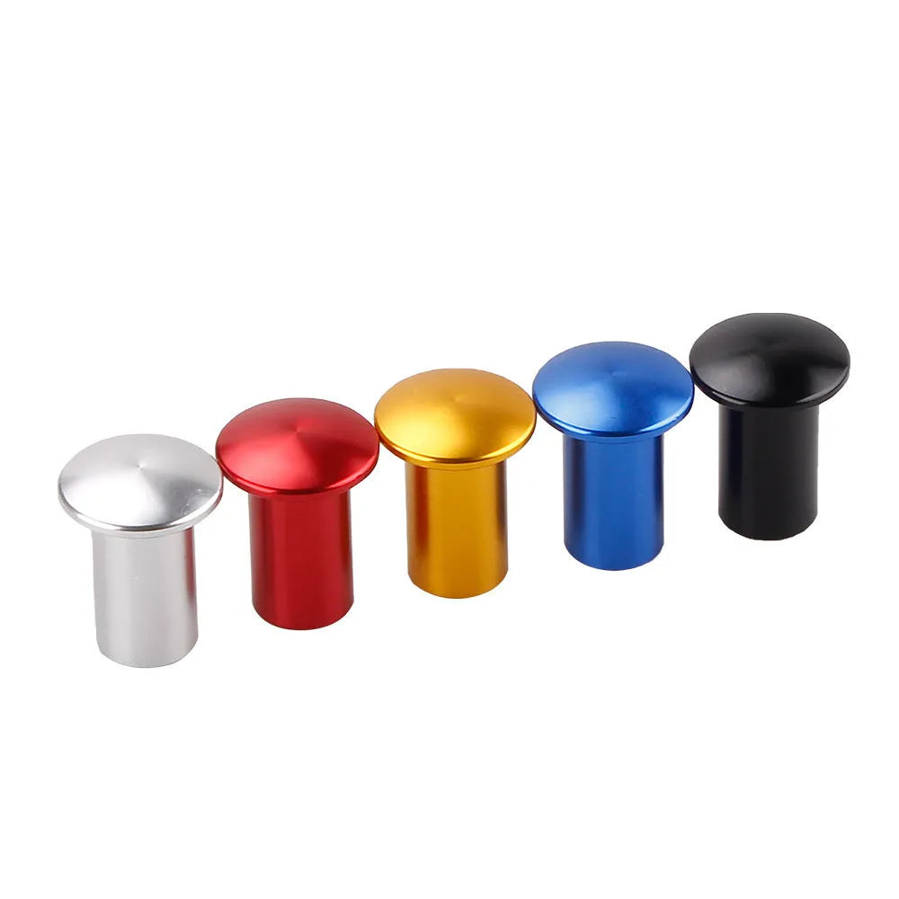 Aluminium alloy car handbrake button cap in red, blue, gold, silver, and black colour options.